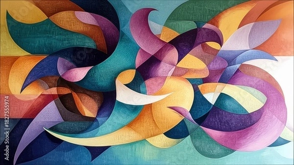 Obraz An abstract painting with a complex composition of colorful shapes, creating a sense of depth and texture.