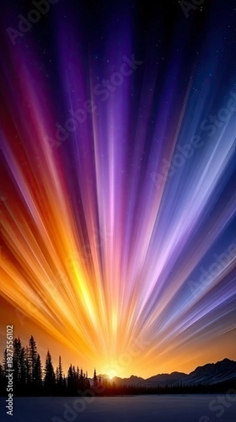 Obraz An abstract, colorful image of a sunset with rays of light radiating from the sun over mountains, trees, and a lake.