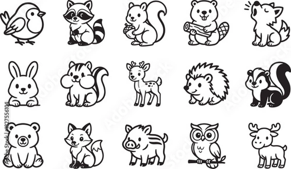 Fototapeta A charming collection of playful forest creatures. Each creature carefully outlined and illustrated, their unique characteristics are accentuated.