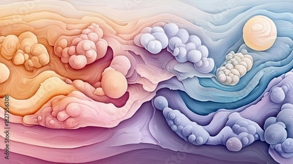 Obraz An abstract artwork featuring a colorful composition of swirling lines and organic shapes, with a soft and dreamy aesthetic.