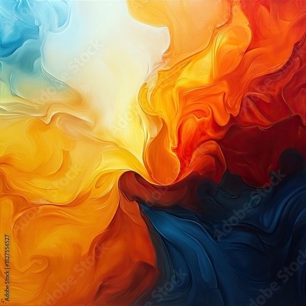 Fototapeta An abstract artwork featuring a dynamic composition of swirling shapes in vibrant colors, with a mix of warm and cool tones creating a sense of movement and ene
