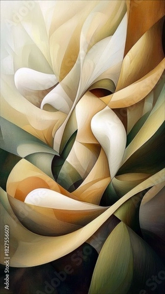 Obraz An abstract artwork featuring flowing, organic forms in shades of white, beige, brown, and green, creating a sense of movement and depth.