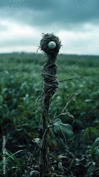 Obraz An abstract creature made of natural materials stands in a field under a cloudy sky. The creature has a nest-like head with a white object, and a twisted body.