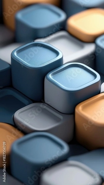 Obraz Close-up of a pattern made of colorful, rounded square cubes in shades of blue, gray, and orange. The image has a modern, abstract feel.