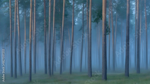 Fototapeta Foggy forest with tall trees creating mysterious atmosphere and peaceful environment showcasing density of woodland with muted colors and soft light