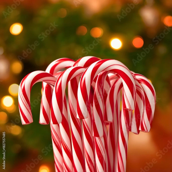 Obraz A bunch of classic red and white candy canes stand against a festive, bokeh-lit background, evoking the sweet spirit of Christmas.