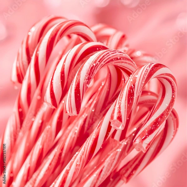 Obraz Close-up of vibrant red and white peppermint candy canes with sparkling sugar coating, set against a soft pink bokeh background, evoking festive holiday cheer.