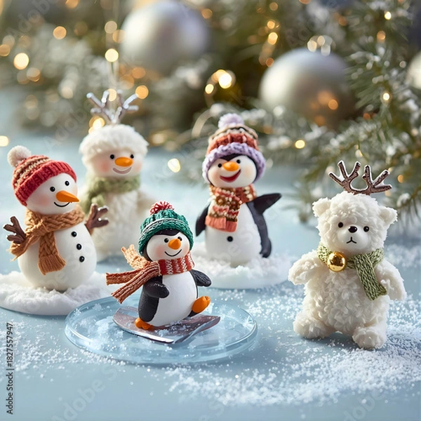 Obraz Festive Winter Figurines: Cheerful Snowmen, Playful Penguins, and a Cozy Polar Bear Amidst Sparkling Snow and Bokeh Lights