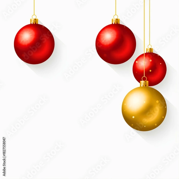 Obraz Elegant Red and Gold Christmas Baubles with Long Shadows on White Background