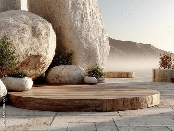 Obraz Serene Rustic Rock Display 3D Scene with Textured Platform and Hazy Lighting