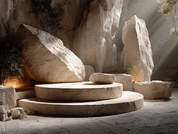 Obraz Serene Rustic Rock Display 3D Scene with Textured Platform and Hazy Lighting