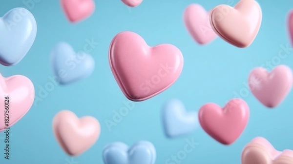 Fototapeta Soft pastel hearts floating in gentle gradient light, valentine, dreamy minimal romance