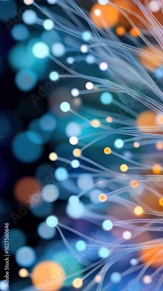 Fototapeta An abstract digital illustration featuring interconnected glowing spheres and lines, creating a futuristic network design with bokeh effects.