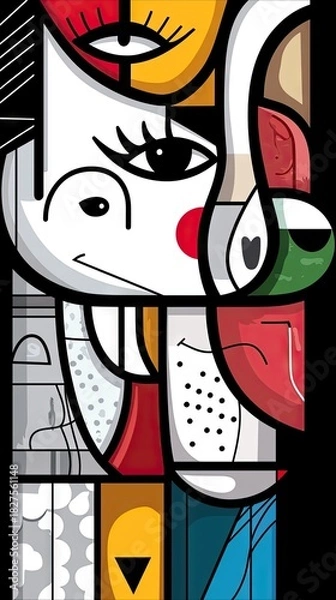 Fototapeta An abstract artwork featuring a stylized face composed of geometric shapes and vibrant colors, with a graphic design aesthetic.