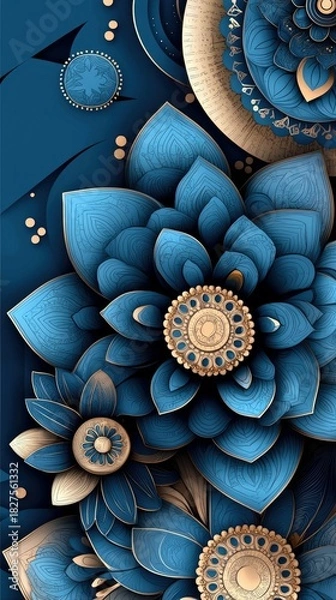 Fototapeta An abstract artwork featuring a layered arrangement of stylized blue and gold floral elements, creating a visually rich and decorative composition.
