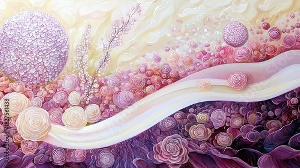 Fototapeta An abstract painting featuring a landscape of flowers, spheres, and flowing ribbons in shades of pink, purple, and cream. The artwork evokes a sense of softness
