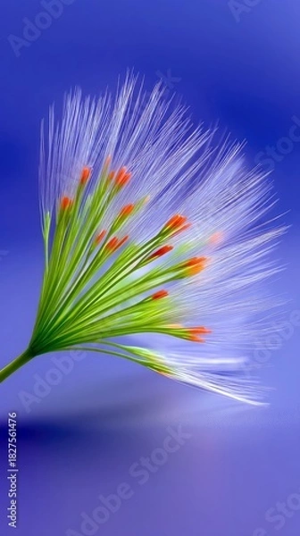 Fototapeta Close-up of an abstract flower with white, green, and orange details set against a gradient blue background. The image evokes a sense of nature and artistic bea