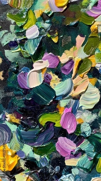Fototapeta Close-up of an abstract floral painting with thick, textured brushstrokes in shades of green, purple, yellow, and white. The artwork has a rich, layered appeara