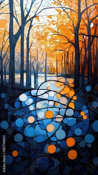 Fototapeta An abstract artwork depicting a forest scene with trees, water, and autumn colors. The image is stylized with a mosaic-like effect.
