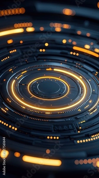 Fototapeta Close-up of a futuristic circular design with glowing orange lights, creating a technological and abstract visual.