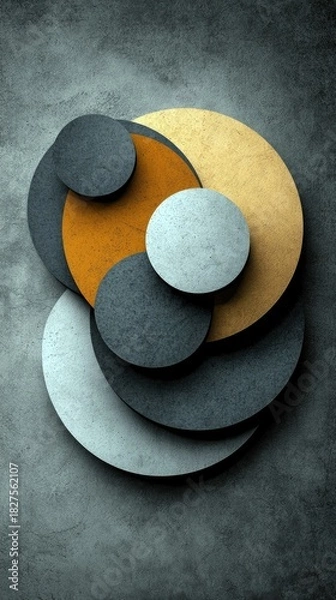 Fototapeta An abstract composition featuring overlapping circles in various colors and textures against a textured gray background. The design is modern and minimalist.