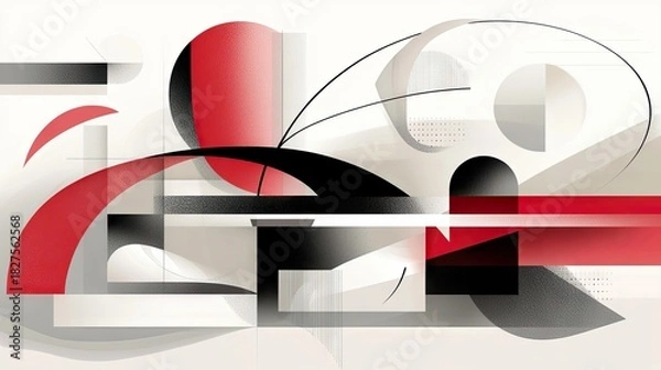 Fototapeta An abstract artwork featuring a complex arrangement of geometric shapes in red, black, and white, creating a dynamic and modern composition.