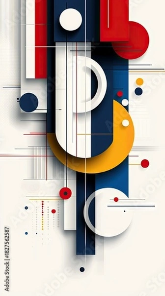 Fototapeta An abstract composition featuring geometric shapes, including circles, rectangles, and lines, in a modern design with a palette of red, blue, yellow, and white.