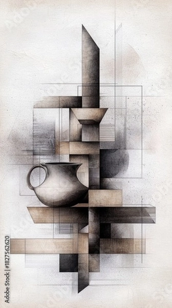 Fototapeta An abstract artwork featuring a vase and geometric shapes in neutral tones, with architectural elements and a textured background.