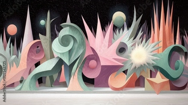 Fototapeta An abstract, geometric landscape with stylized shapes, spheres, and starbursts against a dark background. The artwork has a textured, painted appearance.