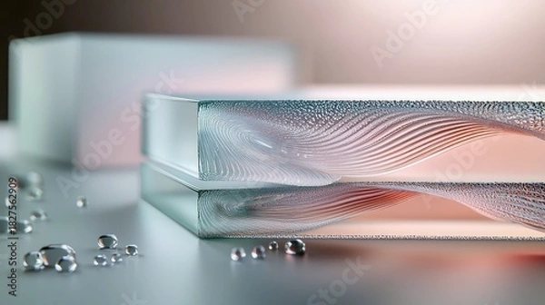 Fototapeta Close-up of abstract glass blocks with water droplets on a reflective surface, soft lighting and a blurred background.