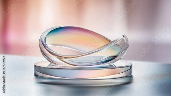 Obraz A close-up studio shot of a clear glass sculpture resting on a pedestal, with a blurred background and soft lighting.