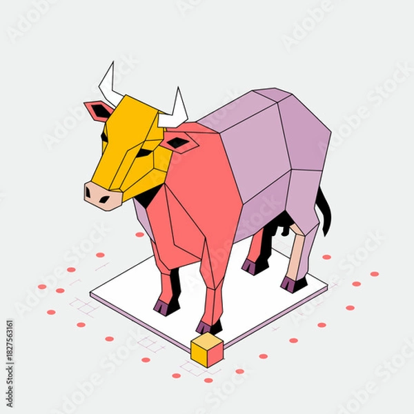 Fototapeta This unique geometric cow illustration combines abstract shapes and vibrant colors, showcasing a modern artistic approach to animal representation.