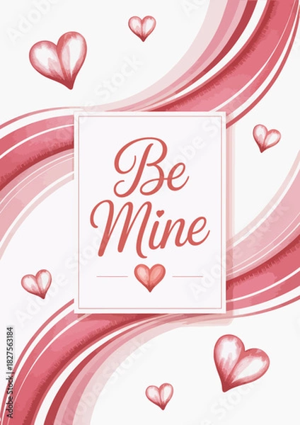 Fototapeta A beautifully designed Valentine's Day card featuring the phrase 'Be Mine' surrounded by soft hearts, perfect for expressing love and affection on this special occasion.