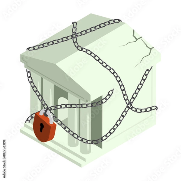 Fototapeta Isometric ruined bank closed for risky financial transactions. Isolated cartoon vector on white background top view
