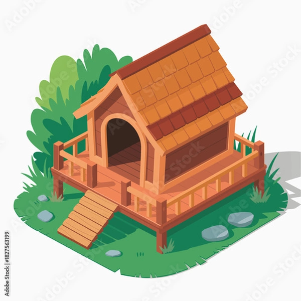 Fototapeta A rustic wooden dog house sits surrounded by lush greenery, creating a cozy and inviting space for pets, showcasing the bond between animals and their homes.