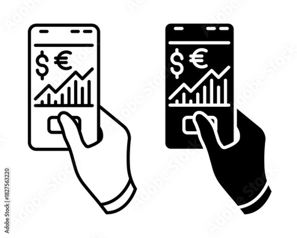 Fototapeta Linear icon. Hand of an investor broker holds a mobile phone with an online trading terminal for conducting stock exchange transactions. Simple vector isolated on white background
