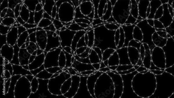 Fototapeta Empty horizontal banner with tangled sharp barbed wire. Vector banner isolated on black background