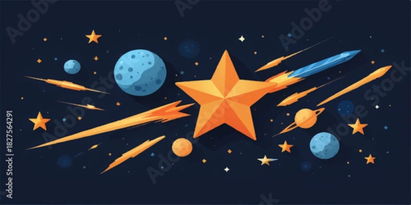 Fototapeta Vector illustration of a bright christmas star decoration for a winter holiday card on a dark night sky