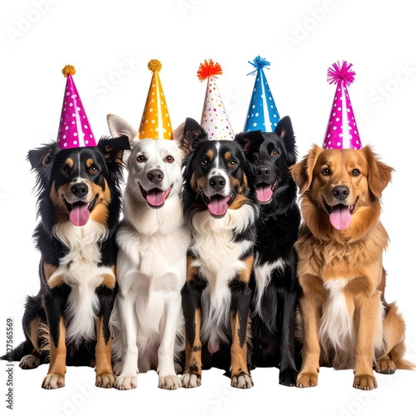 Obraz Party dogs wear colorful birthday hats, sitting side-by-side, smiling