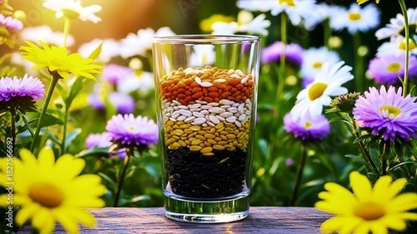 Fototapeta Vibrant layering of colorful seeds in glass, surrounded by daisies on rustic wood, captures nature's beauty and potential healthy snack ideas