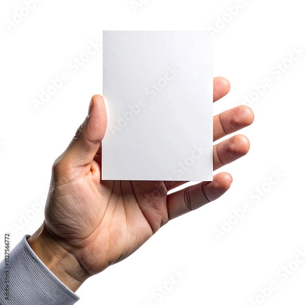 Obraz Hand holding a blank white card with a black background
