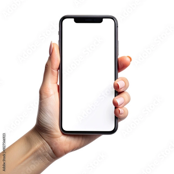 Obraz Holding smartphone. Blank, white screen on black background. Simple