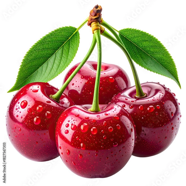 Obraz Cluster of glistening, fresh cherries with green leaves and stems