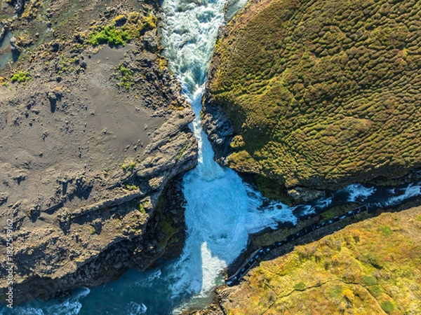 Obraz Aerial view of a river around the Barnafoss falls in Iceland