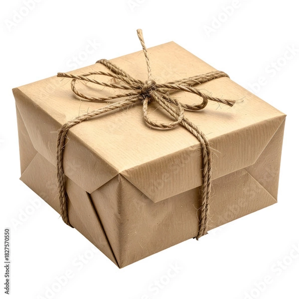 Obraz Wrapped gift Brown paper package tied with twine on black background