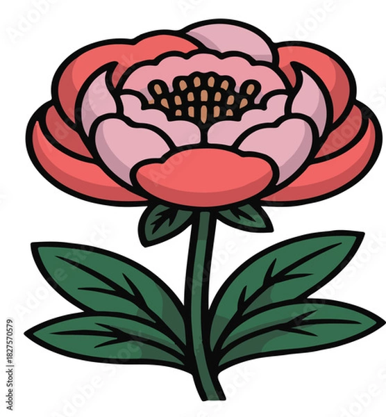 Fototapeta Beautiful red rose vector illustration with green leaves and delicate petals for design
