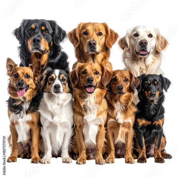 Obraz Group of various breeds of dogs together, sitting, looking forward