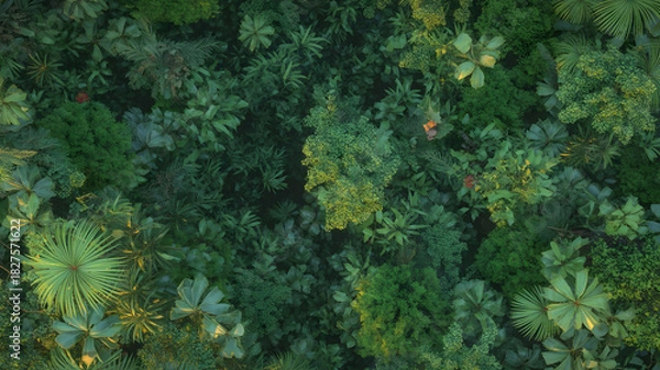 Fototapeta Lush green rainforest canopy aerial view dense tropical forest vegetation seen from above showcasing biodiversity nature conservation environment evergreen plant life in amazon