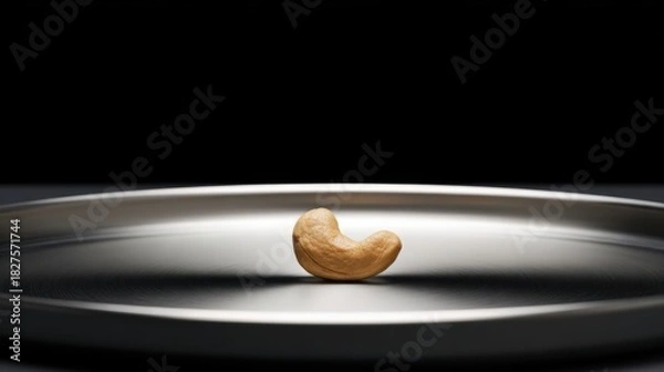 Obraz Single cashew nut on a metallic plate in a dark setting