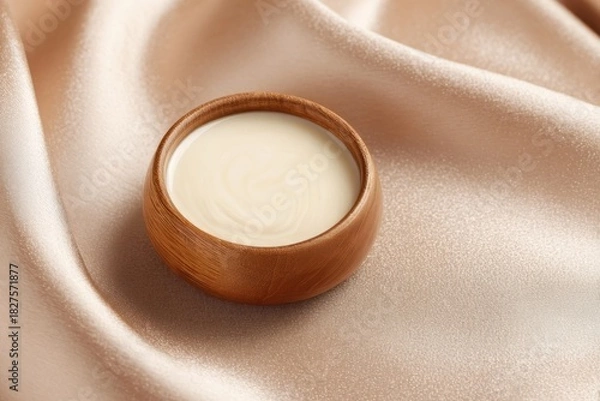 Obraz Creamy substance in a wooden bowl on soft fabric surface